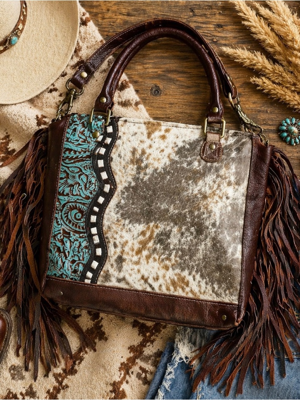 Myra Western Cowhide Fringe Bag Leather Boho Rodeo Statement Crossbody Tooled